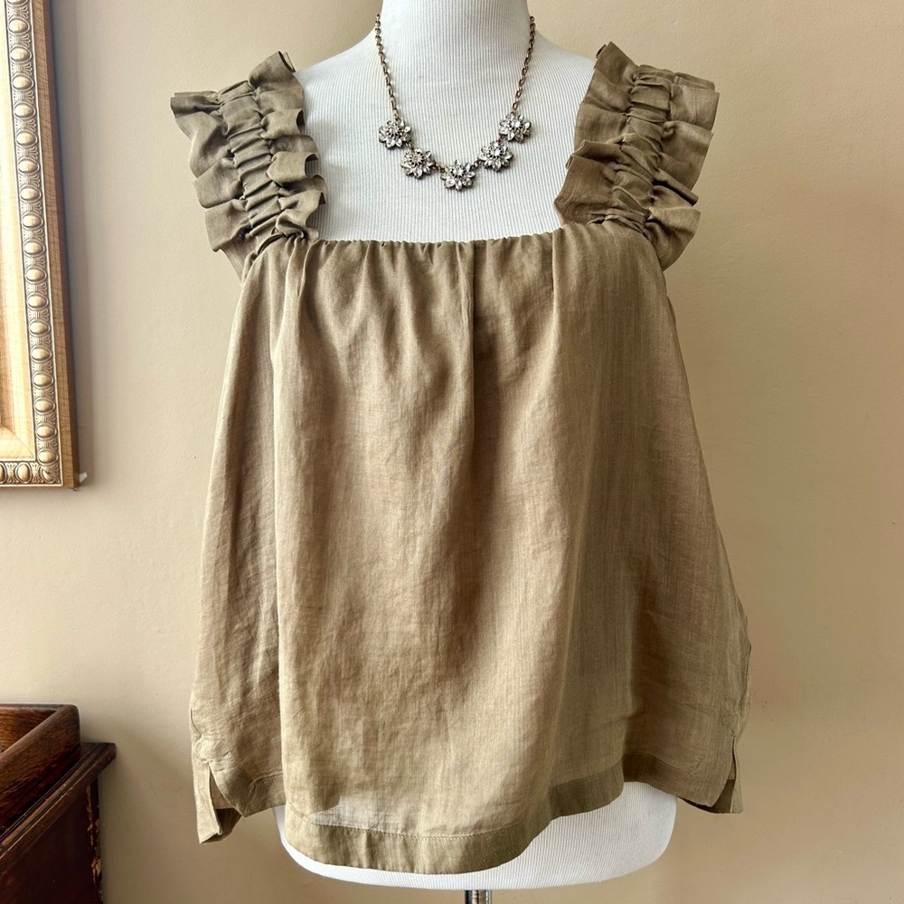 Frame Ruffle Strap Tank Top Button Back Moss Green Square Neck Size XL